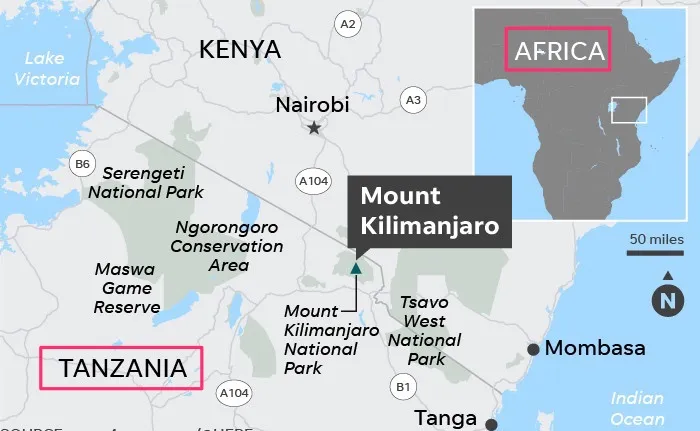 Map showing Mount Kilimanjaro’s location in Tanzania