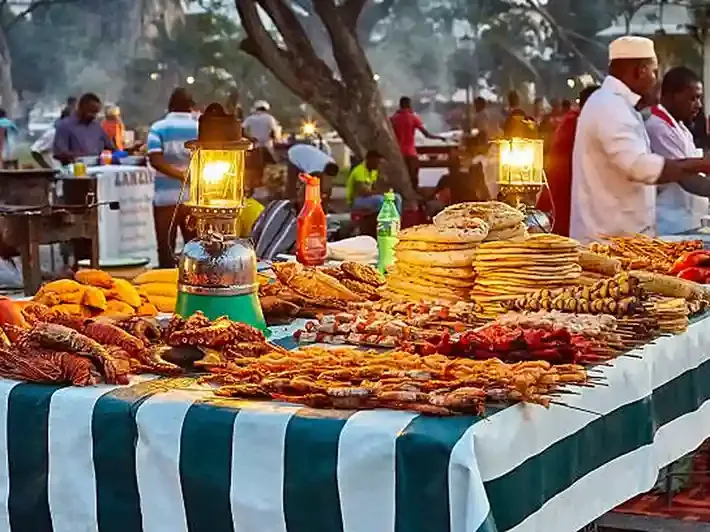 Vibrant display of Zanzibar traditional cuisine with spices, pilau rice, and urojo soup