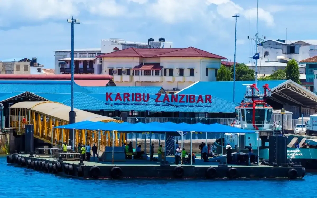 View of Zanzibar Port with docked ships and bustling harbor activities
